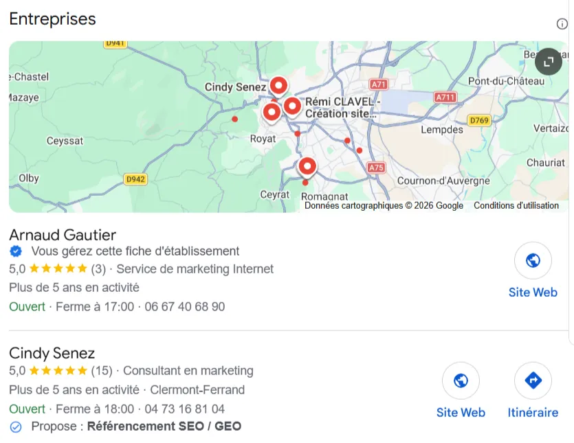 Arnaud Gautier, 1er sur Maps sur consultant SEO Ceyrat